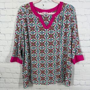 Molly Isadora Tunic Artsy Women Plus 2X Multicolor Flowy 3/4 Sleeve Bohemian Top